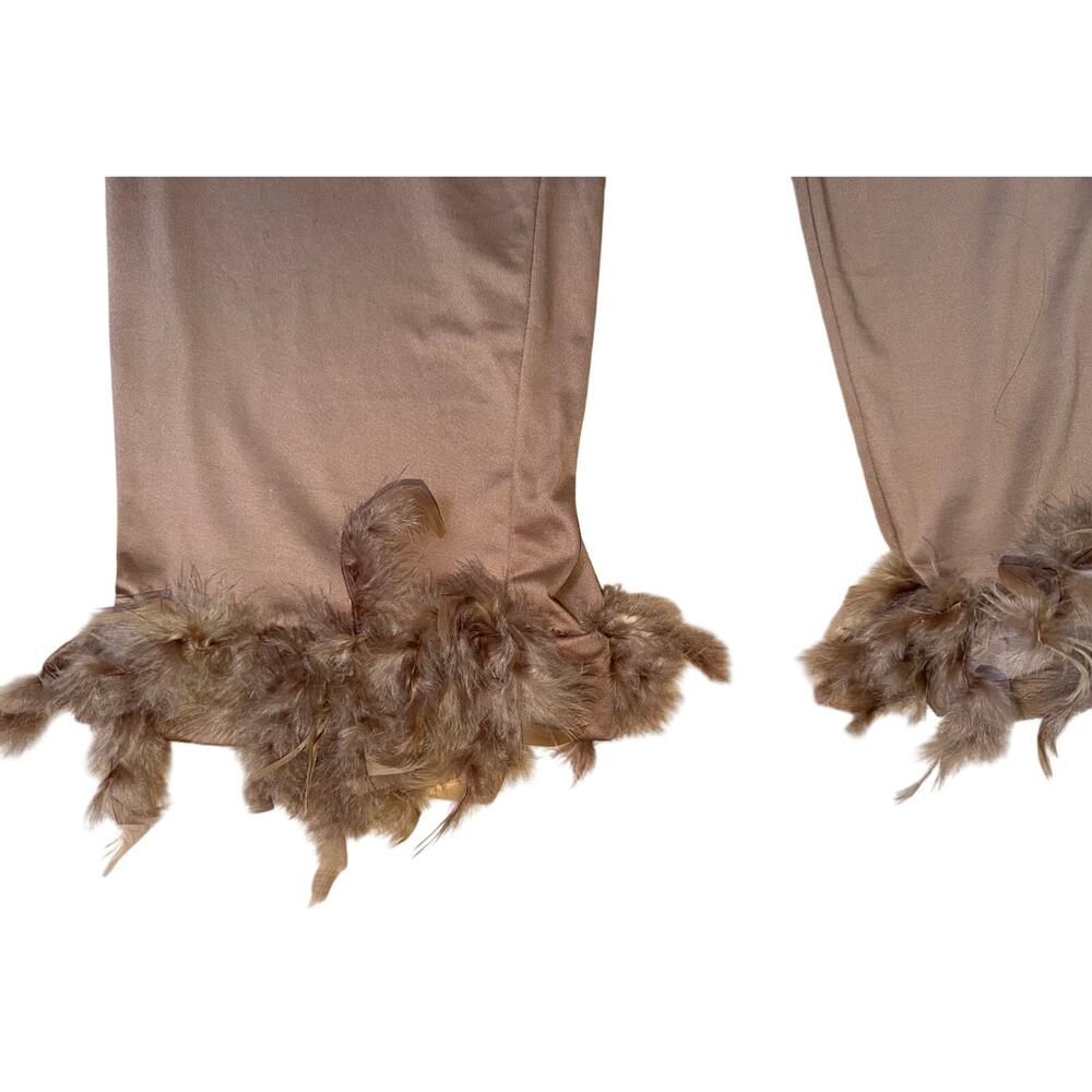 Feather Trim Wide Leg Lounge Pants Brown Taupe Elastic Waist Soft Stretch Size M - Picture 3 of 9